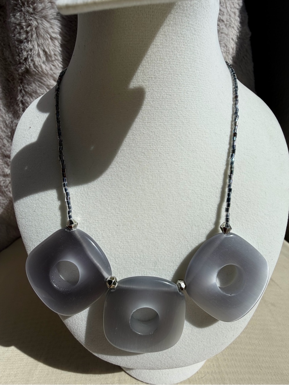Satin Spar Selenite Statement Necklace Cushion Donut Beaded Toggle
